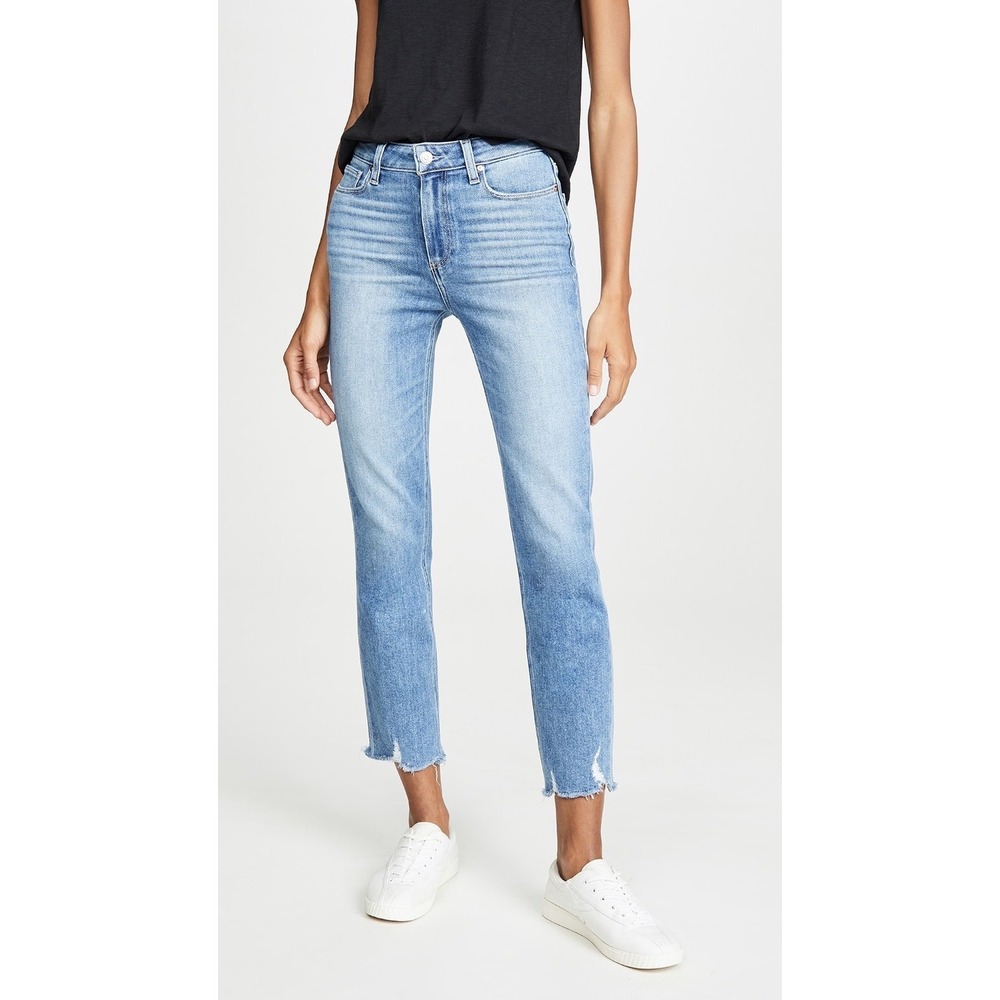Paige Cindy High Rise Straight Leg Jeans in Blue with Raw Hem | Size 28